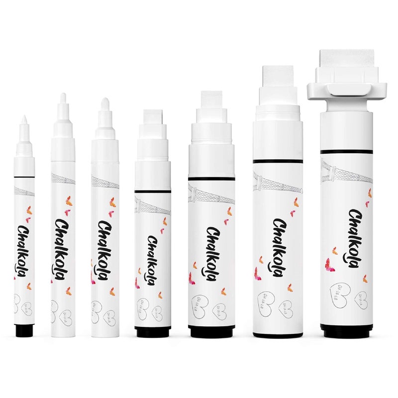 Chalkola 7 White Chalk Markers for Chalkboard Signs, Blackboard, Car Window, Bistro, Glass | 7 Variety Pack - Thin, Fine Tip, Bold & Jumbo Size Erasable Liquid Chalk Pens (1mm, 3mm, 6mm, 8mm, 10mm, 15mm, 30mm) - Image 1